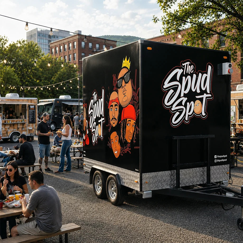 A black food truck trailer at an outdoor market with people dining nearby. The side of the trailer is printed with colorful illustrated faces and large white script reading 'The Spud Spot'.